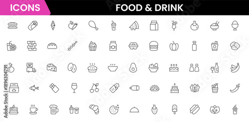 Food and drink web icons in line style. Meal, restaurant, dishes, fruits, fastfood, burger, pizza, coffee, sandwich, collection. Vector illustration.