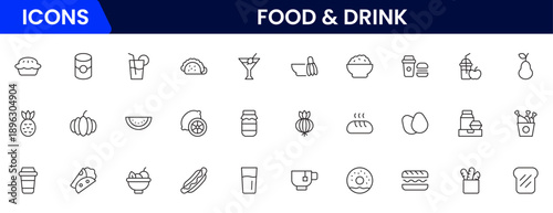 Food and drink web icons in line style. Meal, restaurant, dishes, fruits, fastfood, burger, pizza, coffee, sandwich, collection. Vector illustration.