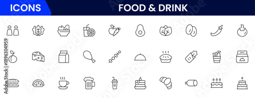 Food and drink web icons in line style. Meal, restaurant, dishes, fruits, fastfood, burger, pizza, coffee, sandwich, collection. Vector illustration.