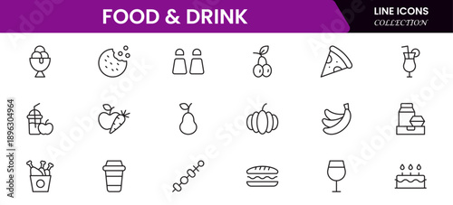 Food and drink web icons in line style. Meal, restaurant, dishes, fruits, fastfood, burger, pizza, coffee, sandwich, collection. Vector illustration.
