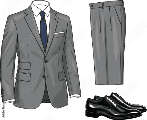 Formal men’s outfit illustration, gray suit with tie, dress shirt and shoes, business attire concept, fashion vector, professional clothing design