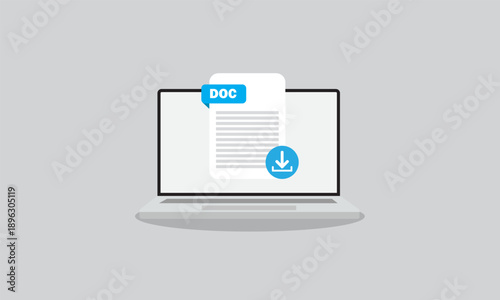 DOC File Download on Laptop. DOC document appearing on a laptop screen with a download icon.