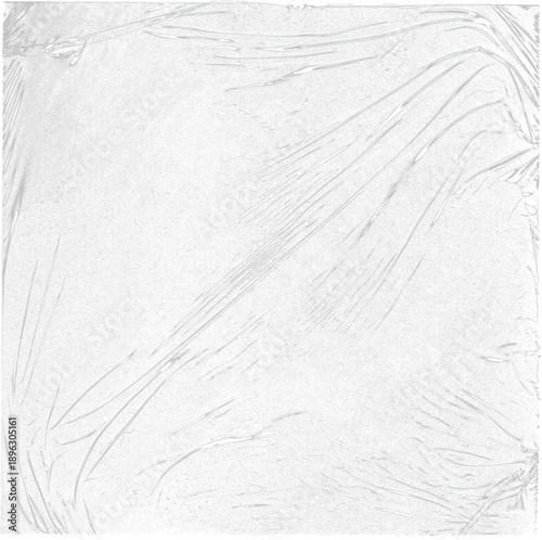 Transparent Plastic wrap texture overlay effect. Polyethene packaging. Shrink crumpled plastic sleeve.