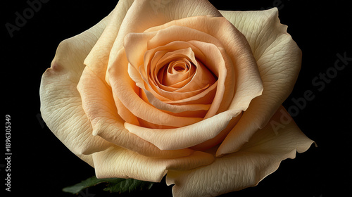 A stunning close-up photograph showcases the exquisite beauty of a peach rose, its delicate petals unfurling in a spiral against a dark, contrasting background.