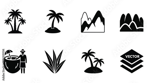 Tropical island and vector graphics icons set