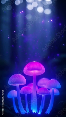 Glowing purple magic mushrooms in a dark enchanted forest with particles