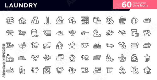 Laundry line icon set. Hand wash, t-shirt, washing, washing machine, dryer, clothes, cleaning, drying clothes, thin line icons. Vector illustration