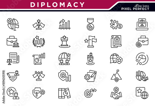 Diplomacy line icon set. Peace symbols, globes, politics, negotiations, treaty, forum, neutrality, leader thin line icons