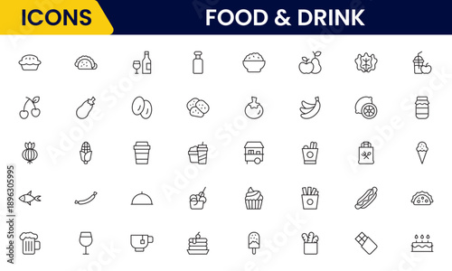Food and drink web icons in line style. Meal, restaurant, dishes, fruits, fastfood, burger, pizza, coffee, sandwich, collection. Vector illustration.