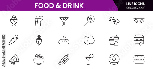 Food and drink web icons in line style. Meal, restaurant, dishes, fruits, fastfood, burger, pizza, coffee, sandwich, collection. Vector illustration.