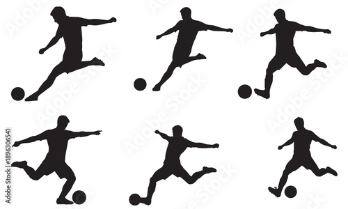 Six dynamic black silhouettes of male soccer players in action on a white background.