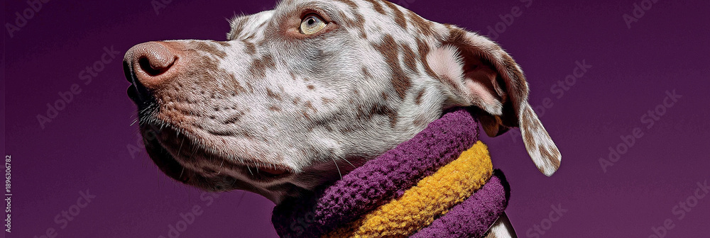 Obraz premium Dalmatian wearing a purple and yellow textured collar set against a rich violet background. A contemporary and color-harmonized pet portrait.