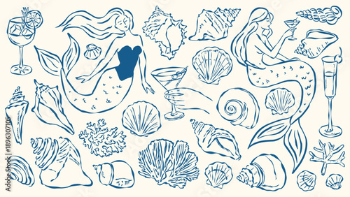 Mermaid and seashell vector illustration set, ink drawing sketch style. Hand drawn ocean art, vintage nautical line art, marine fantasy clipart, sea life vector graphics for print, web, branding.
