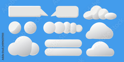 Collection of glossy white speech bubbles and cloud shapes on blue