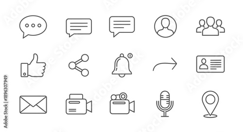 Communication, social media, and contact line icons set for chat, like, share, email, microphone on isolated white background