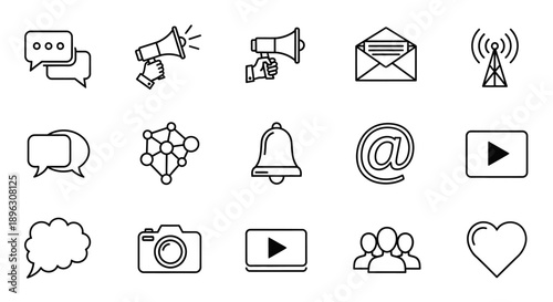 Communication and Social Media Outline Icons Set for Digital Interaction in Bright Studio