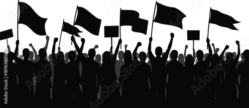 Silhouette of protest crowd, raised fists, flags and placards, public demonstration, activism scene, unity, social movement, black vector art, civic engagement