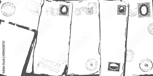 Vintage Postage Stamps and Old Envelopes Seamless Pattern, Retro Mail Background, Antique Postal Elements, Black and White Ephemera Design.