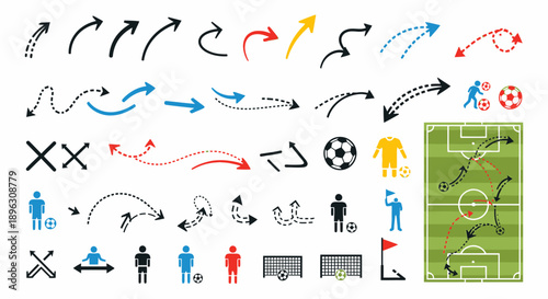 Collection of diverse arrows and soccer tactics diagrams illustrating movement and strategy on an isolated white background.