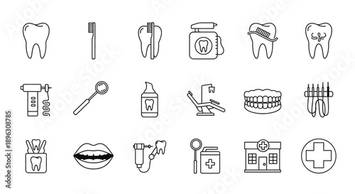 Collection of outline icons representing dental health, care, and medical treatment on an isolated white background.