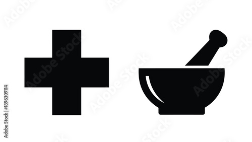 Medical cross and mortar with pestle stark black silhouette
