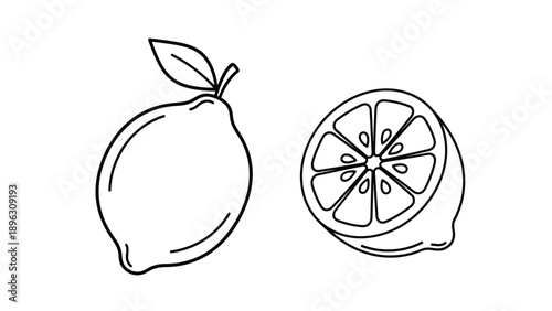 Simple line drawing of a whole lemon and a cut slice silhouette