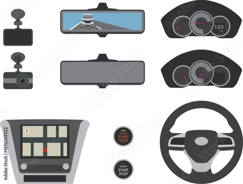 Collection of car interior accessories and dashboard components including dashcams, mirrors, navigation, and steering wheel.