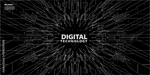 Abstract digital technology background with radiating lines and text