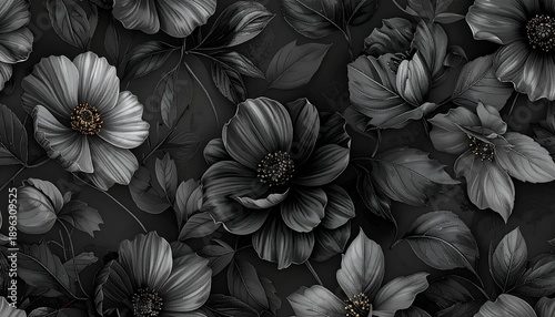 Elegant gray-toned floral pattern featuring large blooms, leaves, and dark background, creating an enchanting, monochromatic scene