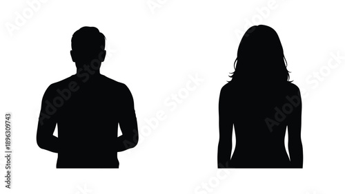Two figures a man and a woman depicted in stark black silhouette