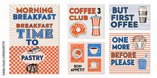 Colorful breakfast and coffee themed posters with playful typography