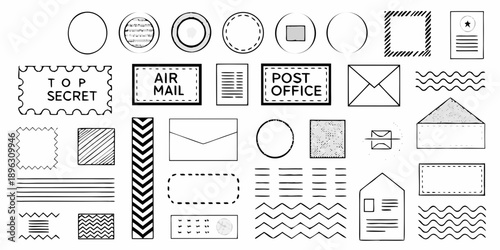Collection of black and white postal and decorative graphic elements