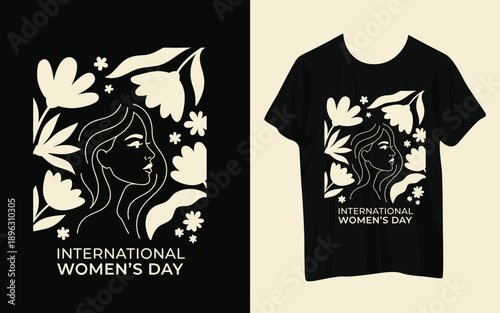 A black t shirt design features a minimalist illustration of a woman s face surrounded by floral elements and text