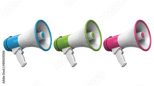 A 3D illustration of three identical white megaphones arranged horizontally against a black background (1)_traced
