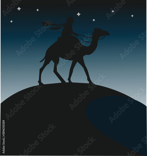 A minimalist silhouette of a lone traveler atop a camel, crossing a crescent shaped dune under a star speckled twilight sky