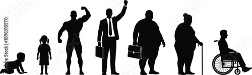 Human life stages vector illustration, silhouette evolution from baby to adulthood, childhood, strength, business, aging, obesity, disability, elderly, wheelchair concept