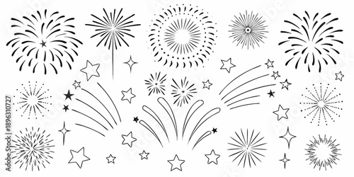 A collection of hand drawn fireworks and stars in black and white