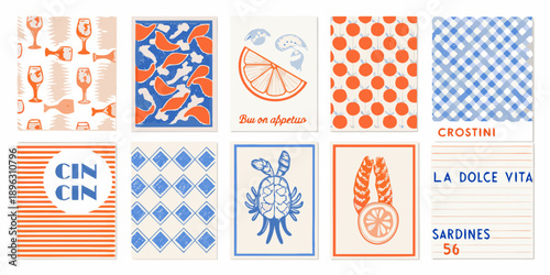Collection of retro style illustrated cards with food and drink motifs