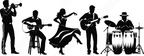 PrintMusical and dance performance silhouette with trumpet, guitar, conga drums, and dancer in motion for rhythm, culture, entertainment, and artistic vector design