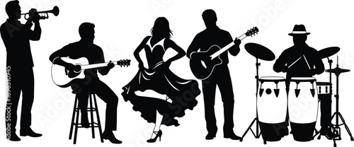 Musical band silhouette with trumpet, guitar, drums, and dancer in motion, live performance scene for rhythm, culture, entertainment, and expressive vector design