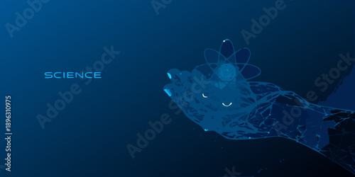 A glowing hand cradling a digital atom with the word science displayed
