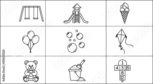 Playground fun elements vector set, swings, slides, toys, balloons, bubbles, kite, hopscotch, and ice cream – children activity icons.