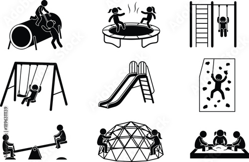 Playground activity icon set, children silhouette vector illustration, outdoor play equipment, physical development concept, black line design for creative use