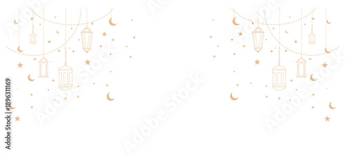 Islamic background with hanging lanterns, crescent moons, and stars in line art style. Elegant ramadan kareem and eid mubarak festive design