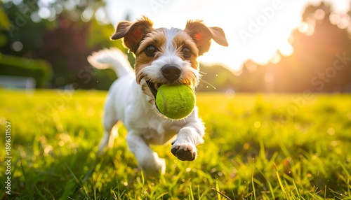 Energetic small dog runs through sunlit grass with a tennis ball in its mouth, a joyful and blurry moment in nature
