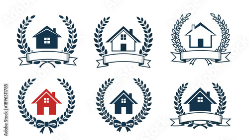 Collection of real estate logos featuring house silhouettes and laurel wreaths with banners for housing and property management branding.