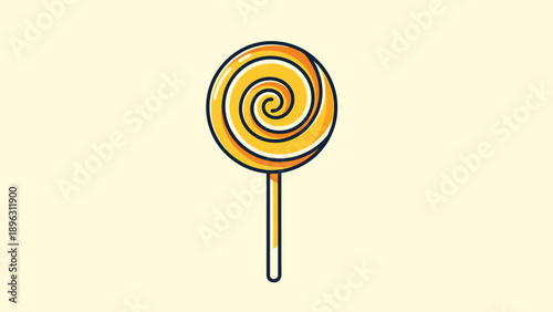 Sweet yellow swirl lollipop on a white stick illustrated in a colorful flat design style on a light cream background for candy shops.