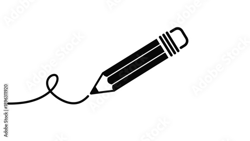 Minimalist black pencil icon drawing a curly line to represent creativity writing sketching and artistic expression on white.