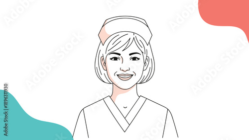 Portrait of a smiling female nurse in a professional white uniform and cap set against a clean background with abstract shapes.