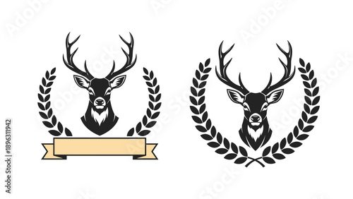 Majestic deer head logos with prominent antlers enclosed in laurel wreaths for hunting clubs outdoor apparel and wilderness branding.